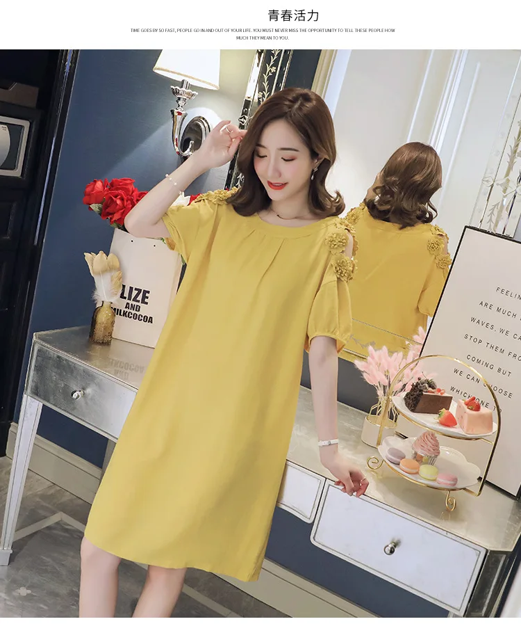 shorha Maternity wear dress 2019 summer new Korean sweet off-the-shoulder flowers loose thin mid-length pregnant women dress