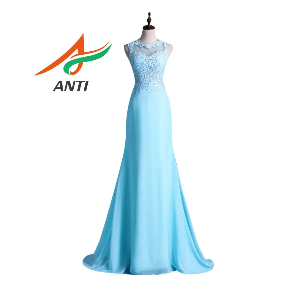 

ANTI Fashion Sky Blue Evening Dress Sleeveless O-Neck Backless Formal Gowns Mermaid Wedding Party Abide Off the Shoulder HQY308