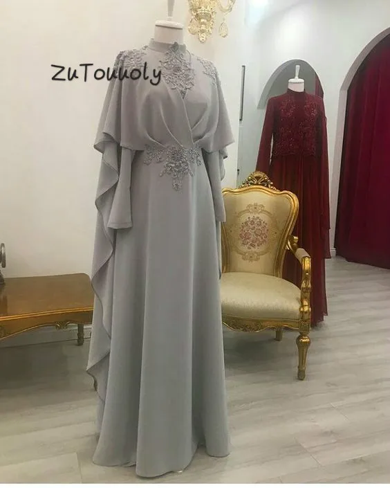 Zilver Moslim Avondjurk Lange Mouwen Caftan Dubai Abaya Formele Prom Gown Hoge Hals Chiffon Arabische Turkije Avondjurk 2020