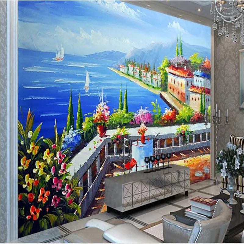 wellyu Customized large murals Mediterranean Coast Landscape Oil Paintings Background Wall Decorative Painting Wallpaper