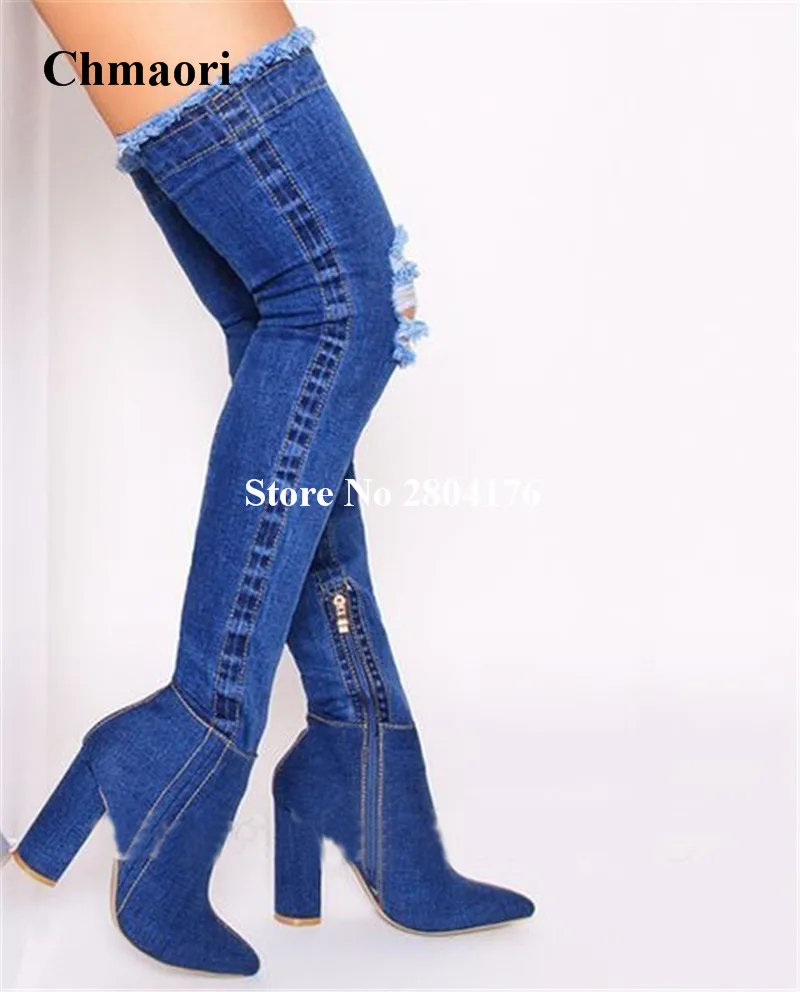 

Spring Autumn Solid Denim Pointed Toe Super High Heel Motorcycle Boots Over the Knee Pointed Denim Zipper Hoof Heel Shoes