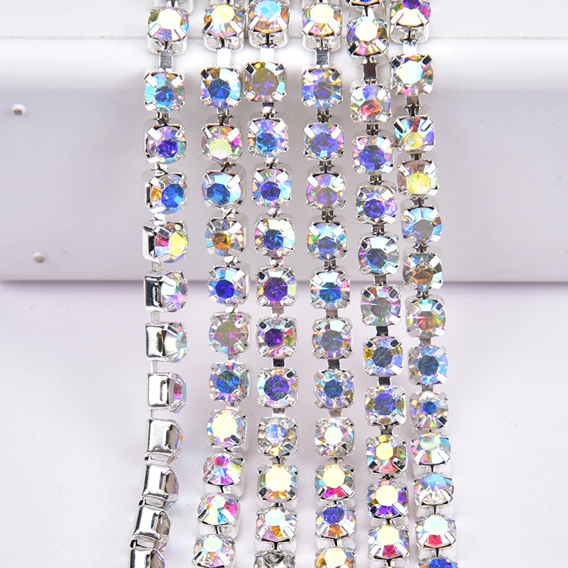 10yards/Lot AAAAA High Quality Glas Rhinestone Fringe Chain Clear Crystal AB With Silver/Gold Metal Base Trim Sewing SS6-SS28