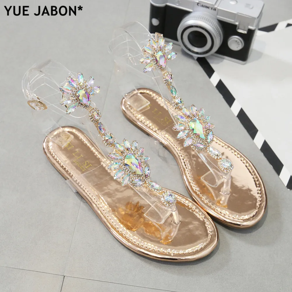 Sliver Woman Sandals Rhinestones Chains T-strap Comfortable Flat Crystal Sandals T-strap Thong Crystal Flip Flops Drop shipping