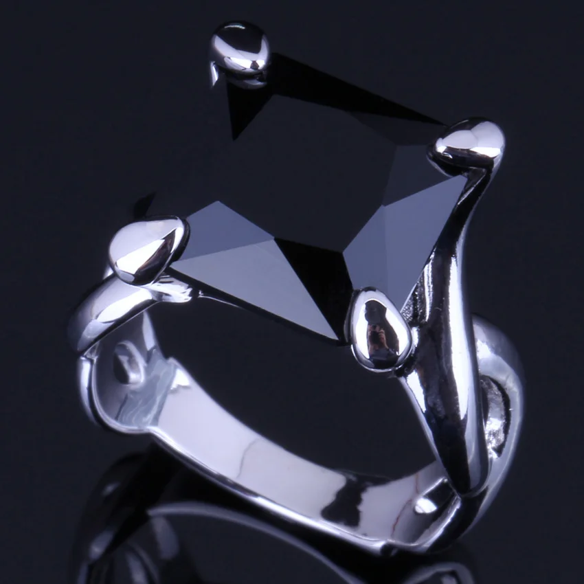Outstanding Square Black Cubic Zirconia Silver Plated Ring V0070