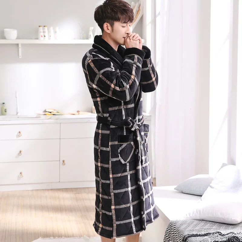 New Men Winter 3 Layers Coral Feece Quilted Robe Plaid Long Sleeve Kimono Bathrobe Gown Casual Home Clothes Male SPA Sleep Wear