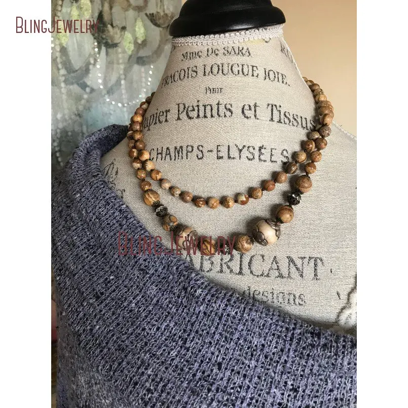 

Organic Rustic Boho Glam Handknot Neutral Picture Jaspers Tan Beads Nepal Shell Layering Double Wrap Necklace NM11293