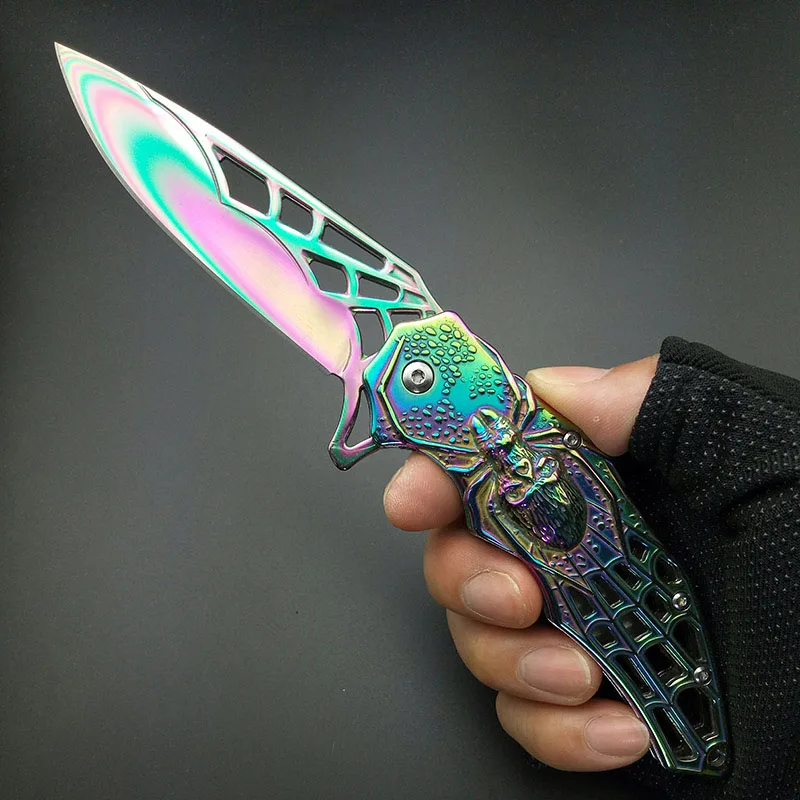 High Quality Exquisite Rainbow Titanium Spider Patter Practice Knife Floding Blade Knifes with Box Gift Colorful Training Tools