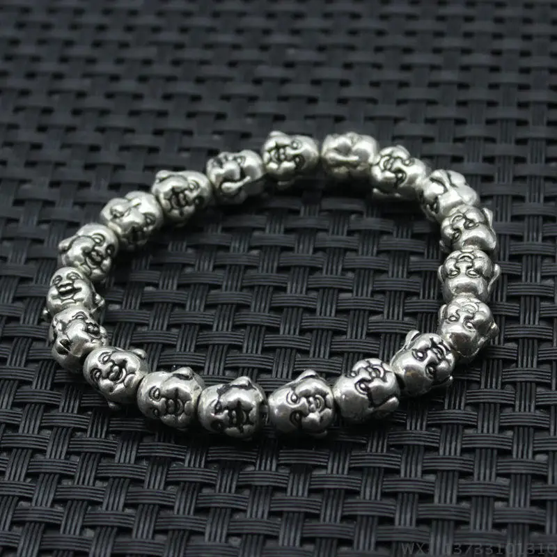 China Rare Old Miao Silver Carve fengshui Two side maitreya Buddha Head Efficacious Good Lucky bracelet metal handicraft