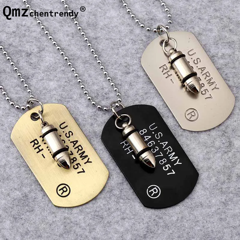 wholesale price hip hop Stainless steel Jewelry U.S. Army Style Bullet Dog Tag Pendants Men women USA America soldier Necklaces