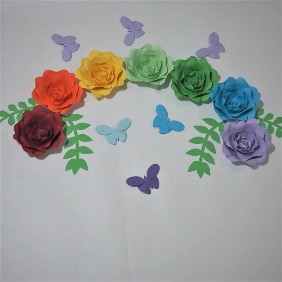 

2018 Set of 7 Giant Paper Flowers+4 leaves + 6 butterflie For Showcase Wedding Backdrops Props flores artificiais para decora o