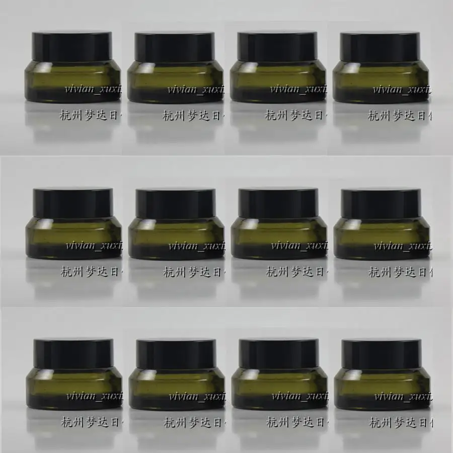 

30pcs 15g Olive green glass cream jar with black plastic lid, 15 grams cosmetic jar for sample/eye cream ,15g mini glass bottle