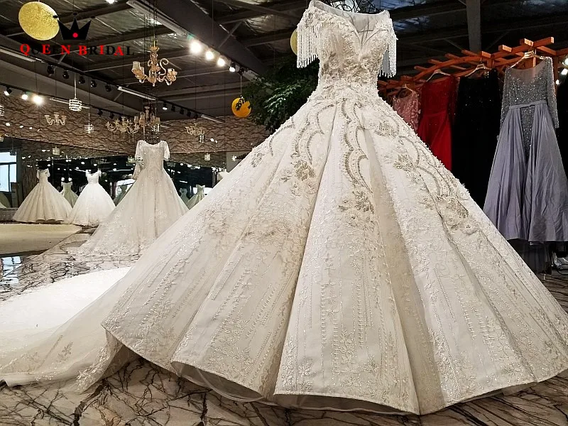 robe de mariee 2021 Ball Gown Lace Flowers Beaded Crystal vestido de noiva QUEEN BRIDAL Long Train Wedding Dresses WD106
