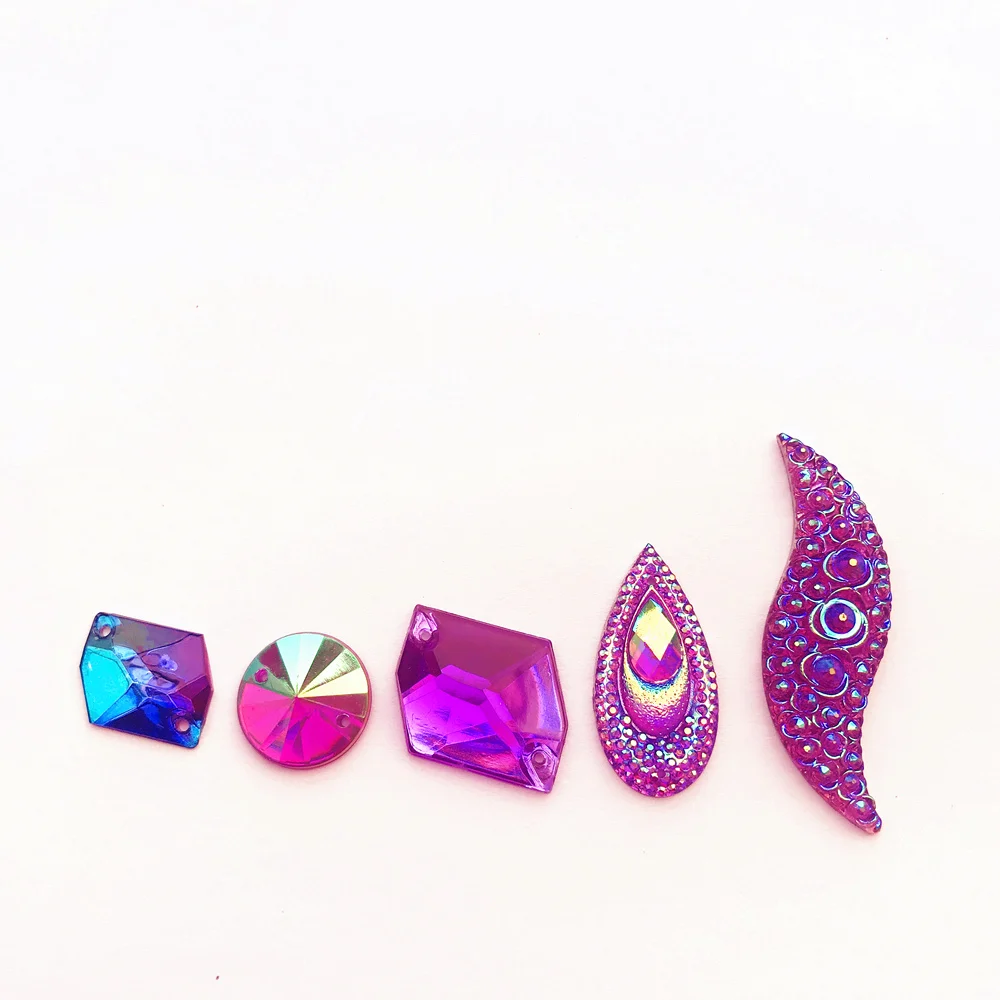 MIX Mixed Shapes Mirror Purple AB Gems Sew On Rhinestones Crystal Stone Beads for Crafts Clothing Wedding Dress Decorations 90PS