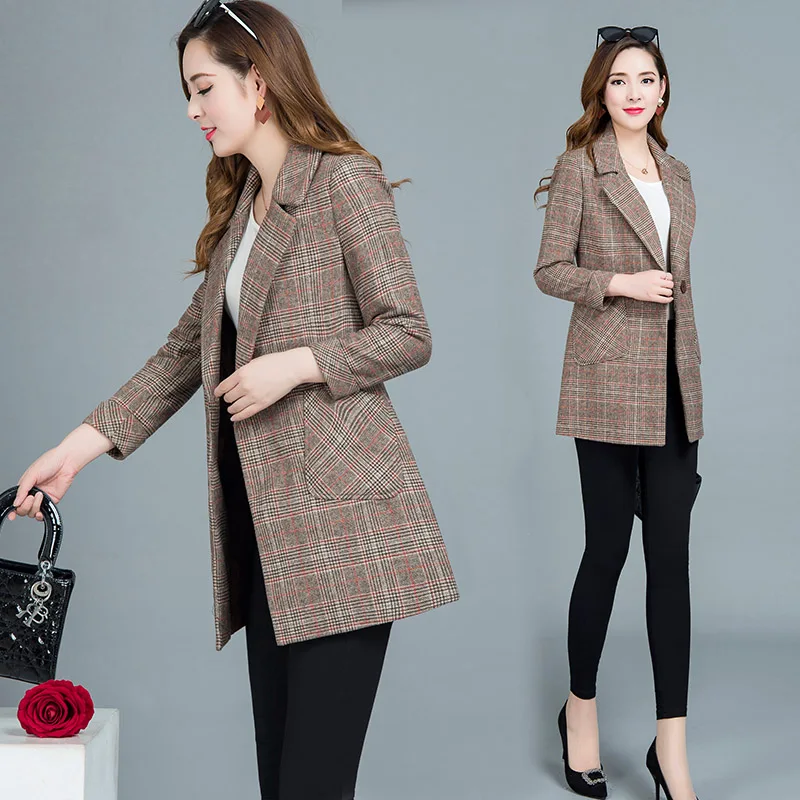 2019 Spring Autumn Vintage Plaid Suit Coats Female Women Windbreaker Jacket Slim Large Size Casual Office Blazers  RE2434