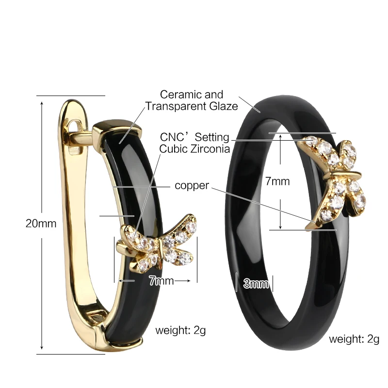 Gold Butterfly Rings and Earrings AAA Rhinestone Healthy Ceramic Jewellery sets Women Mom Gift Jewelry For Wedding Accessories