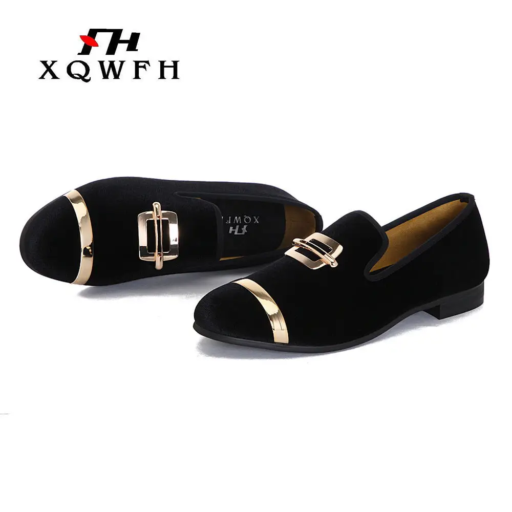 XQWFH High Quality Men Velvet Loafers Luxury Metal Buckle Wedding Dress Shoes Mens Ballroom Dance Nightclub Party Shoes Big Size