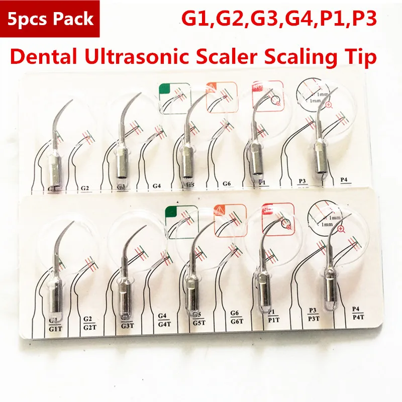 5pcs G1,G2,G3,G4,P1,P3 P4 Dental Scaler Tips Fit EMS Woodpecker Ultrasonic Scaler Handpiece Dental Ultrasonic Scaler Scaling Tip