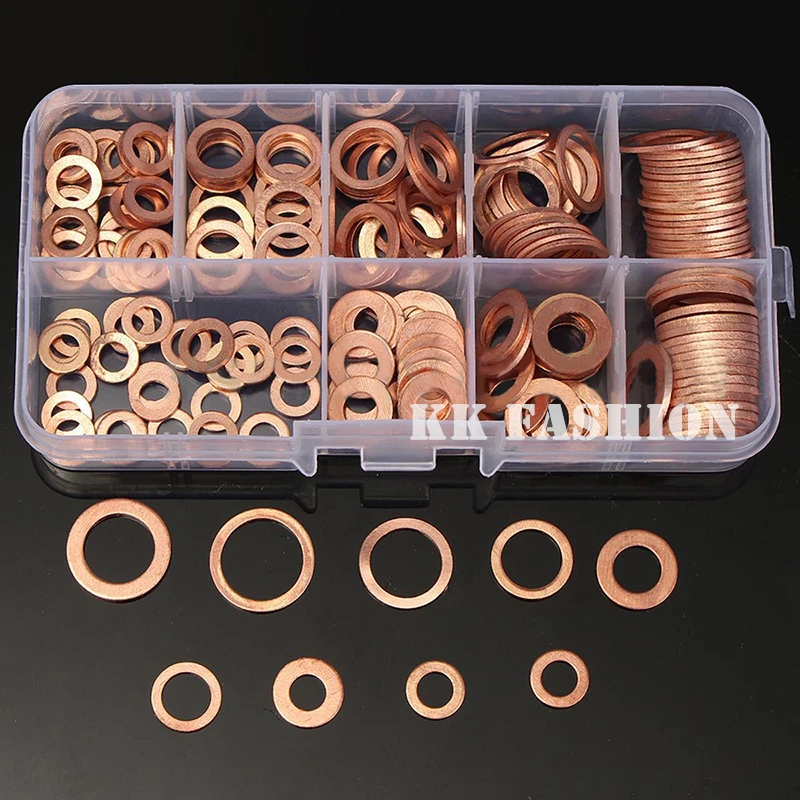 200pcs/Set M5-M14 Solid Copper Washers Flat Ring Sump Plug Oil Seal Assorted Set Professional Hardware Accessories Kit with Case