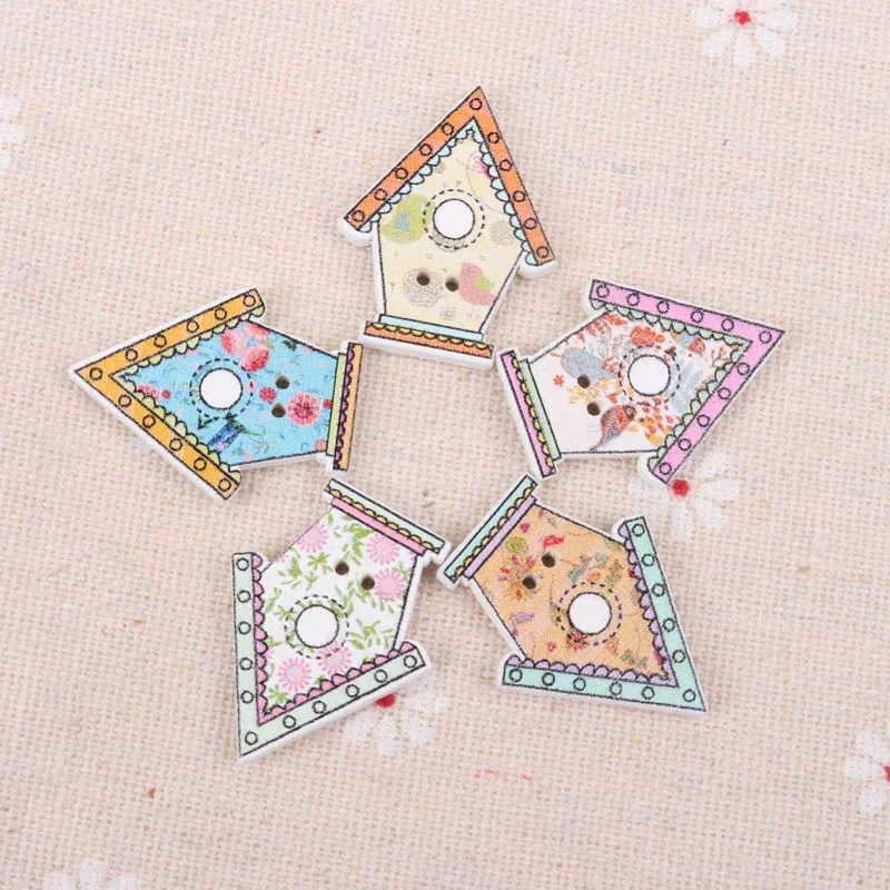 Wooden Buttons Cute Colorful mini house Shape Buttons 2 Holes Handmade Sewing Scrapbooking Crafts DIY 21x27mm 30pcs