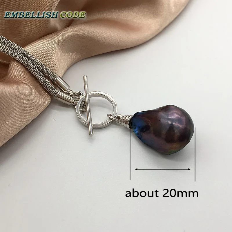 New black blue few brown color large nucleated flame ball OT shape baroque pearl necklace pendant freshwater 100% natural pearls