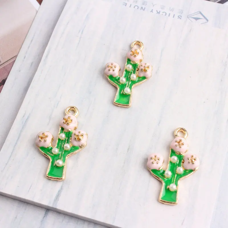 

New Arrival 40PCS 15*25MM Green Cute Enamel Cereus Plant Pendant Charms Gold Tone Plated Oil Drop Floating Necklace bracelet DIY