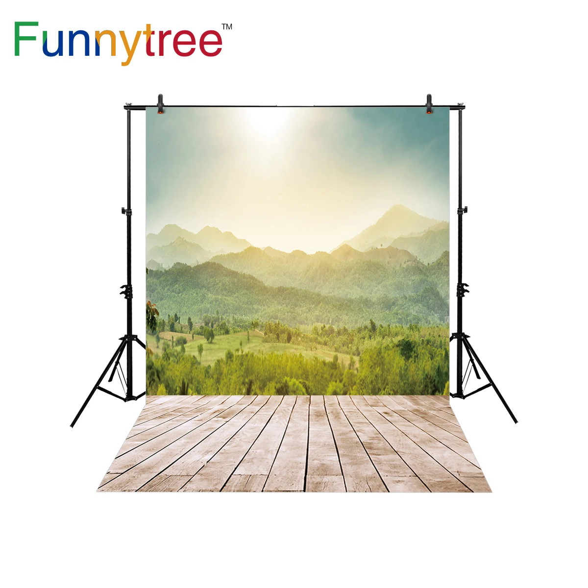 Funnytree backgrounds for photography studio spring mountain forest nature view wood floor backdrop photobooth photocall