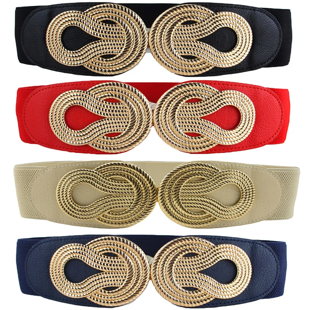 

Women Vintage Chinese Knot Buckle Stretchy Belt Faux Leather Elastic Waist Band BLTHG0353