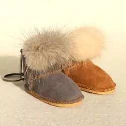 Luxury Fluffy Pompom Genuine Mink Fur Real Leather Boot Shoe Keychain For Women Car Key Chain Bagpack Charm Accessories Pendant