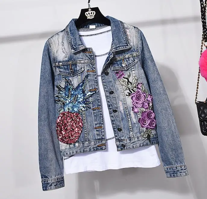 two pieces sets spring new fashion women hole pineapple sequin embroidery flower denim jacket+skinny jeans