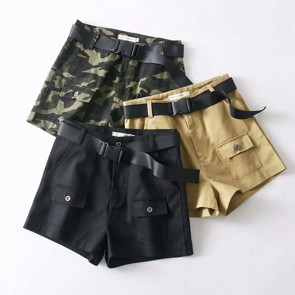 Black Cotton High Waist Harem Shorts Women Sashes Pocket Straight Casual Short Femme Streetwear Shorts Fashion Bottom Summer