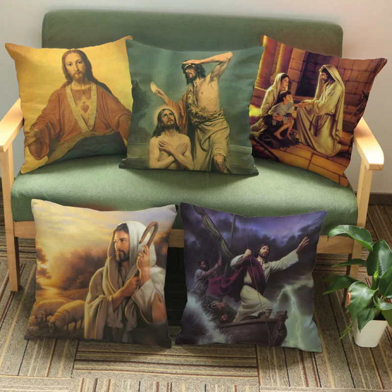 

Jesus Portrait Religion Worship Style Cushion Cover Christianity Vintage Cross Pattern Sofa Decorative Throw Pillow Case cojines