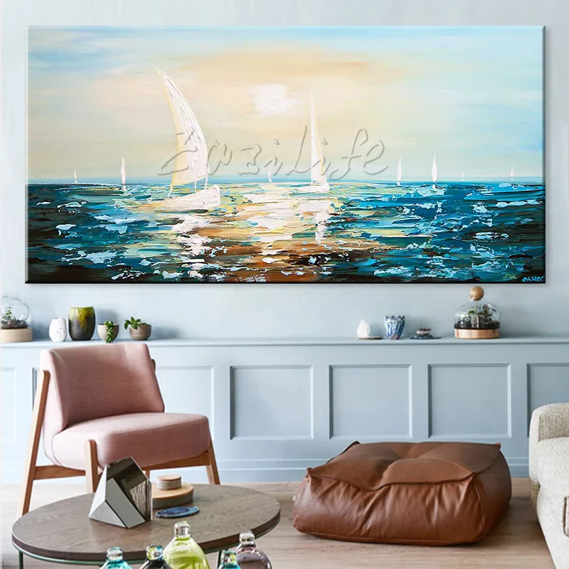 

Hand painted canvas oil paintings Wall art Pictures for living room Large Cheap modern abstract Yacht painting boat ship sailing