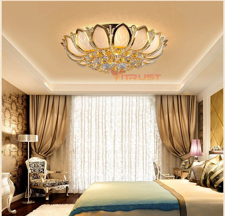 European Luxury Golden LED crystal Ceiling Light E14 Bulbs Golden Lighting Crystal Circular Living Room Ceiling Lamp