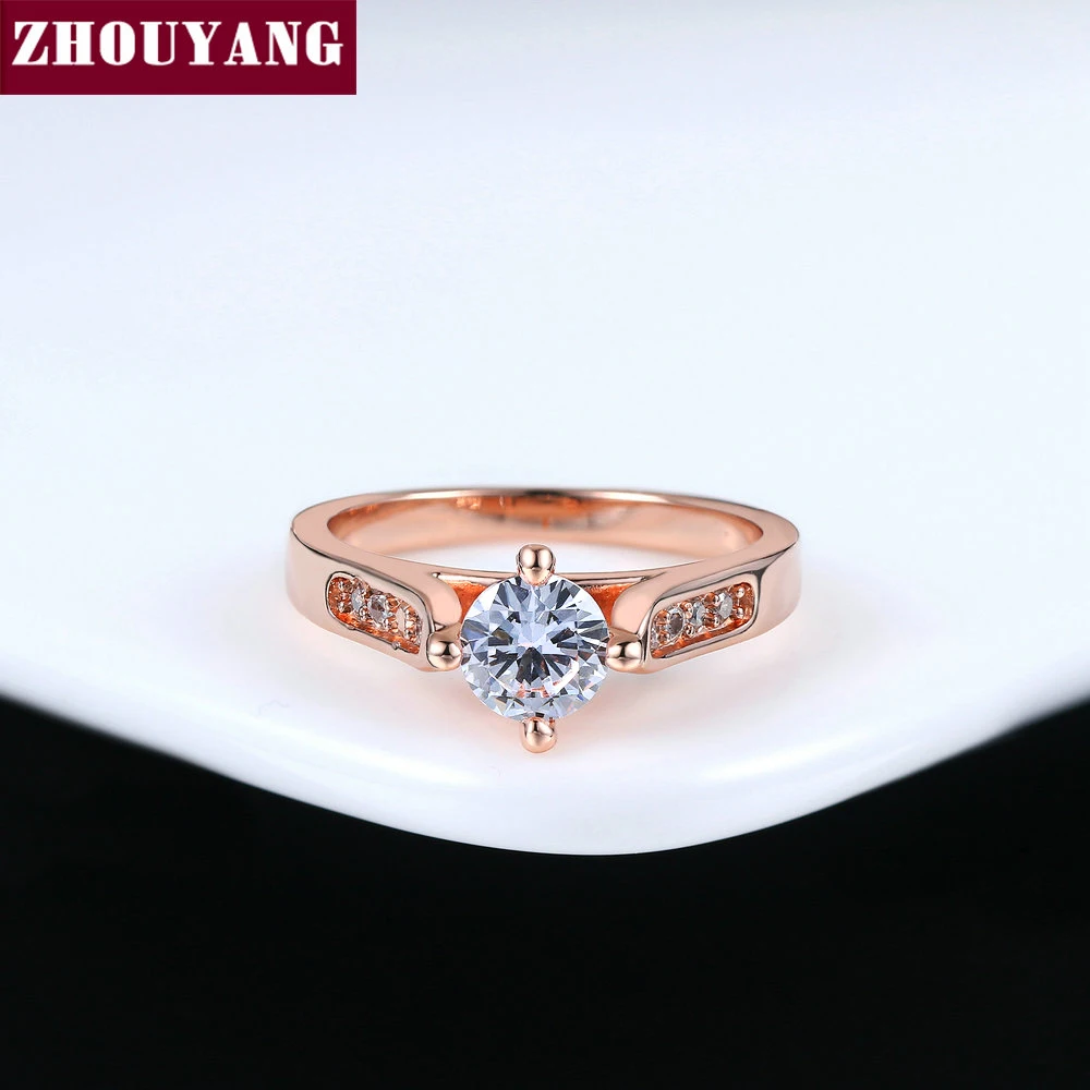 ZHOUYANG Engagement Wedding Ring For Women Classic Prong Setting CZ  Rose Gold Color Fashion Jewelry Lover\'s Ring R064 R065