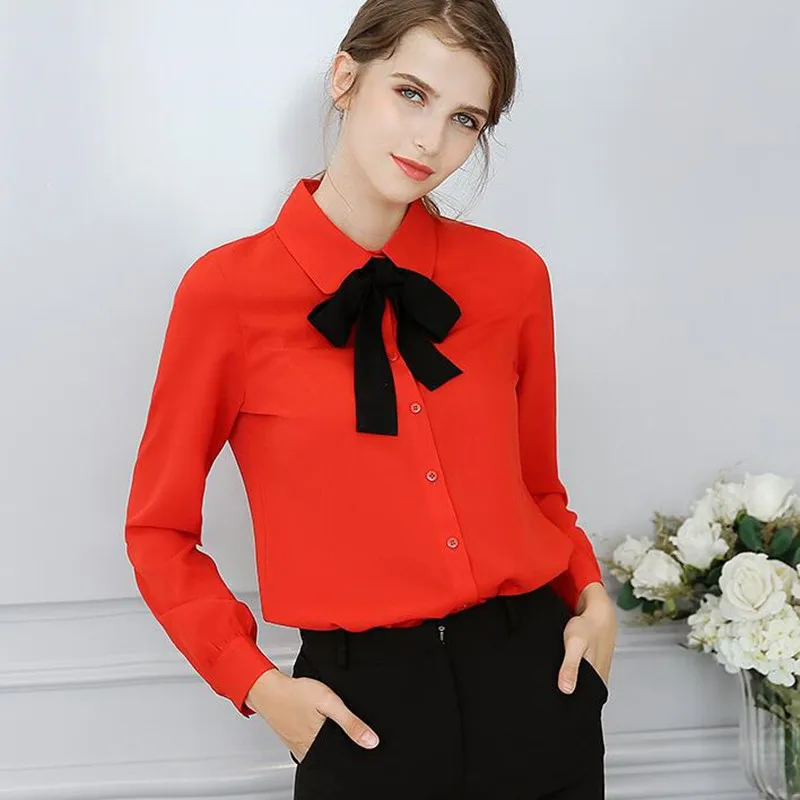 Musim Semi Musim Panas Chiffon Kemeja Wanita Baru Korea Pelangsing Warna Solid Blus Kantor Wanita Lengan Panjang Tipis Work Top H9117