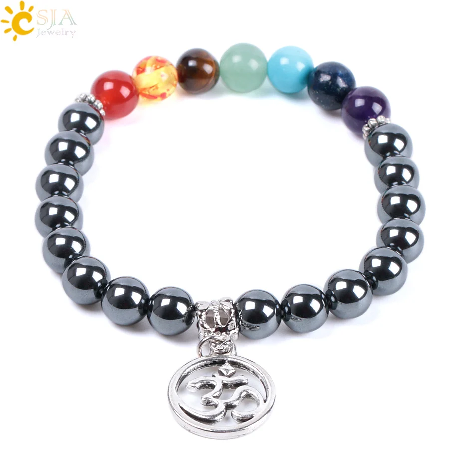 CSJA 7 Chakra&Hematite Natural Stone Bracelets for Women Men Healing Reiki Meditation 3D Bronze Buddha Lucky Bead Bangles E997