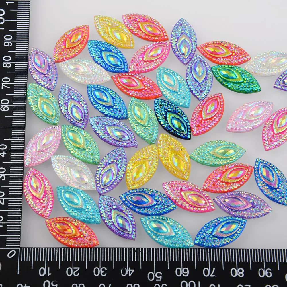 BOLIAO 20Pcs 11*22 mm(0.43*0.87 in) AB Color Horse eye Shape Mix Resin Rhinestone Flatback Sew On Clothes/Handmade Art Work