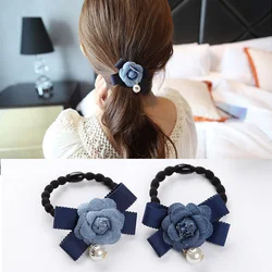 Fashion Korea Hair Accessories Rose Flower Denim Rubber Elastic Hairbands For Girl Women Ponytail Holder High Quality Headwear