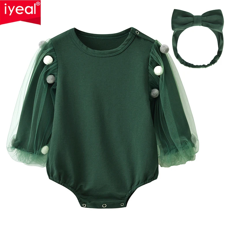 

IYEAL Newest Newborn Baby Girl One Piece Bodysuit + Cute Headband Fashion Chiffon Long Sleeve Jumpsuit for Toddler Girl Clothes