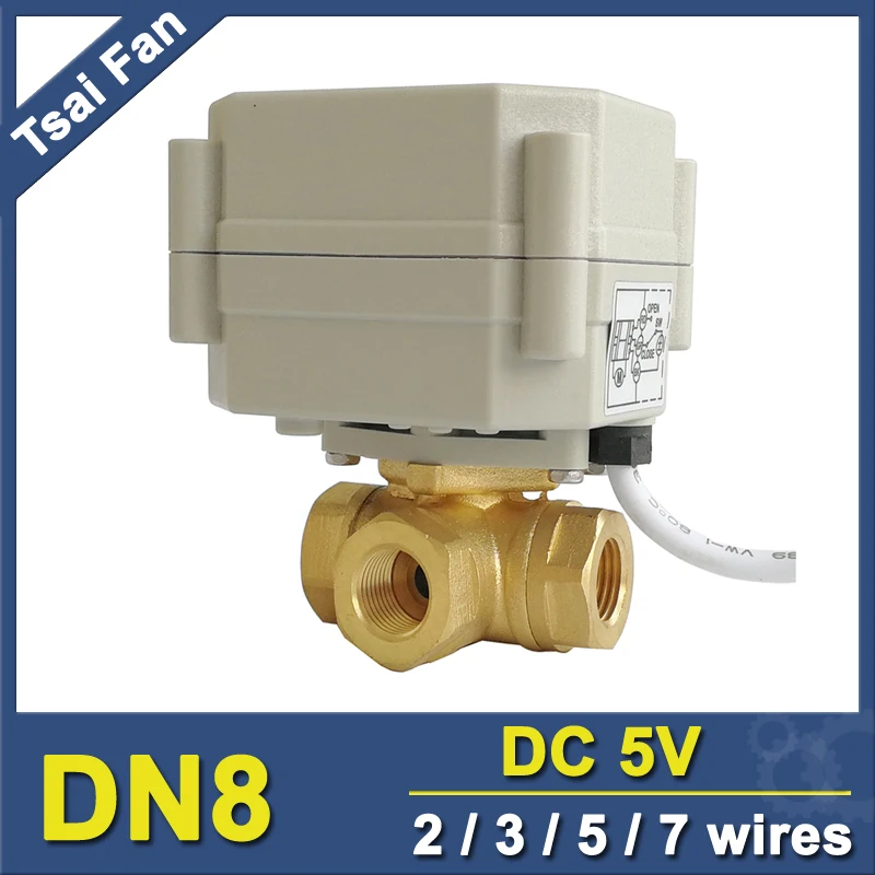 

TF8-BH3-A 3 Way Brass 1/4'' DN8 Horizontal T/L Type Metal Gear Motorized Ball Valve DC5V 2/3/5/7 Wires For Water Control