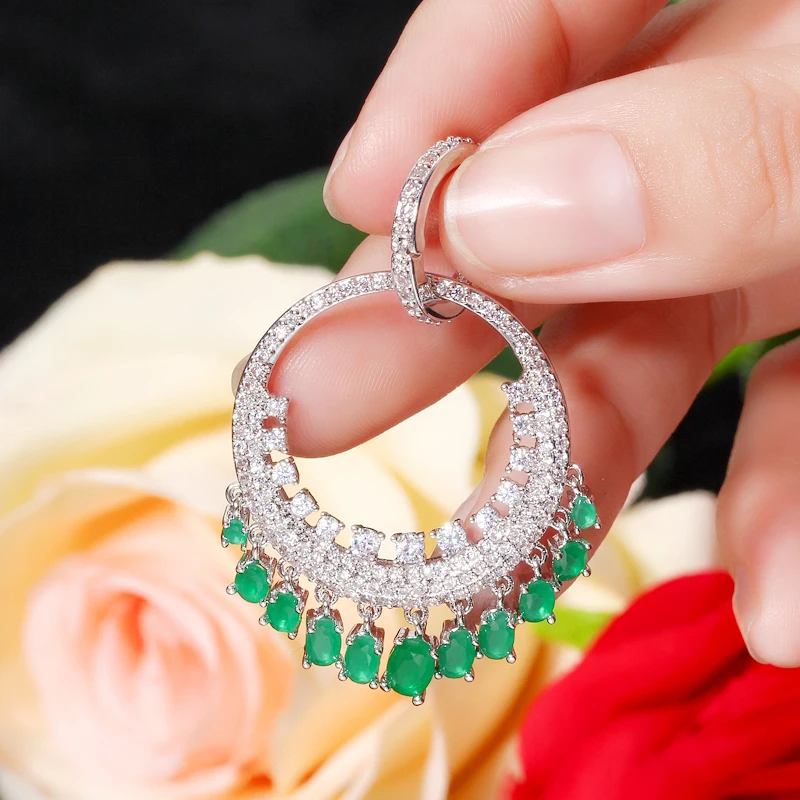 CWWZircons New Trendy Green White CZ Cubic Zirconia Big Round Hoop Dangling Earrings for Women Party Jewellery Accessories E0145