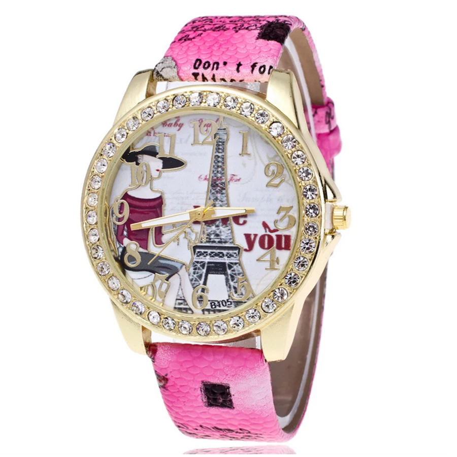 Shsby Brand Eiffel Tower Leather Strap WristWatches Ladies Rhinestone Quartz Watch Women dress Watches femme love Casual watch