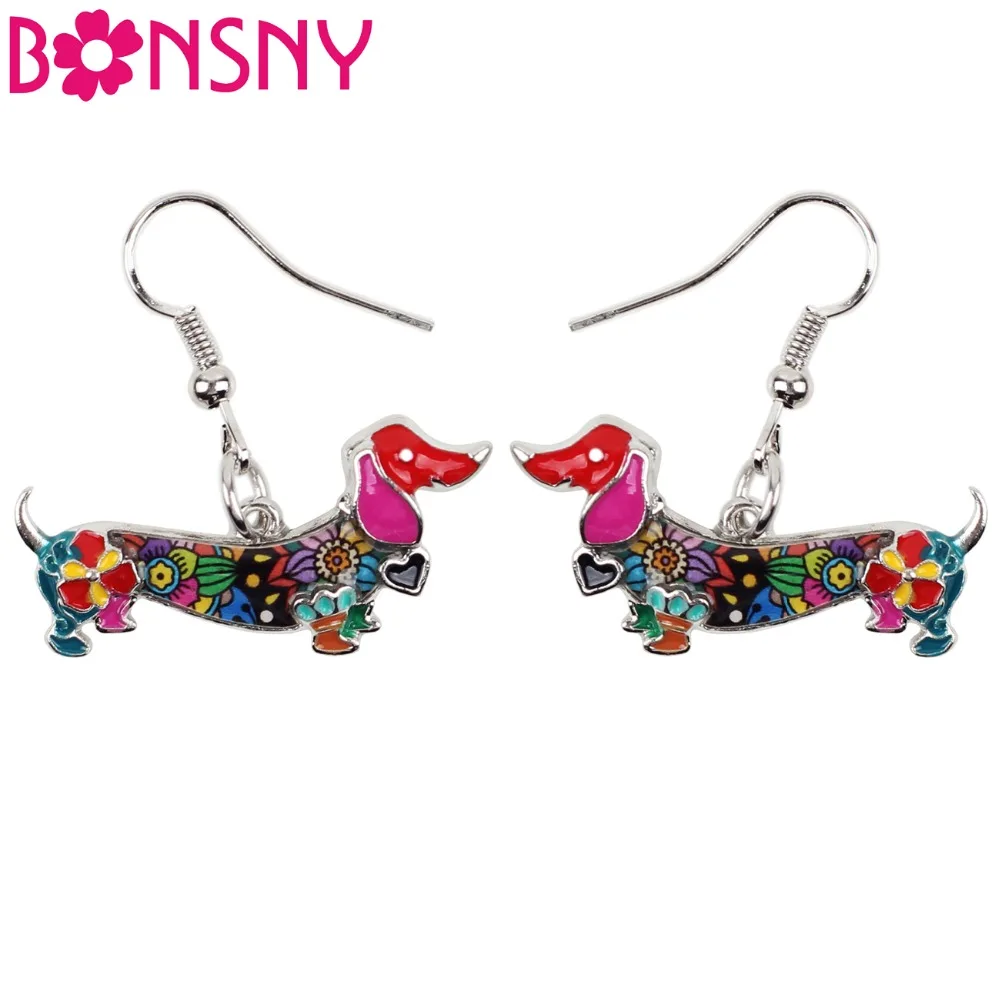 Bonsny Fashion Enamel Alloy Dachshund Dog Dangle Drop Big Long Earrings Fashion Animal Ladies Jewelry For Girls Women Wholesale