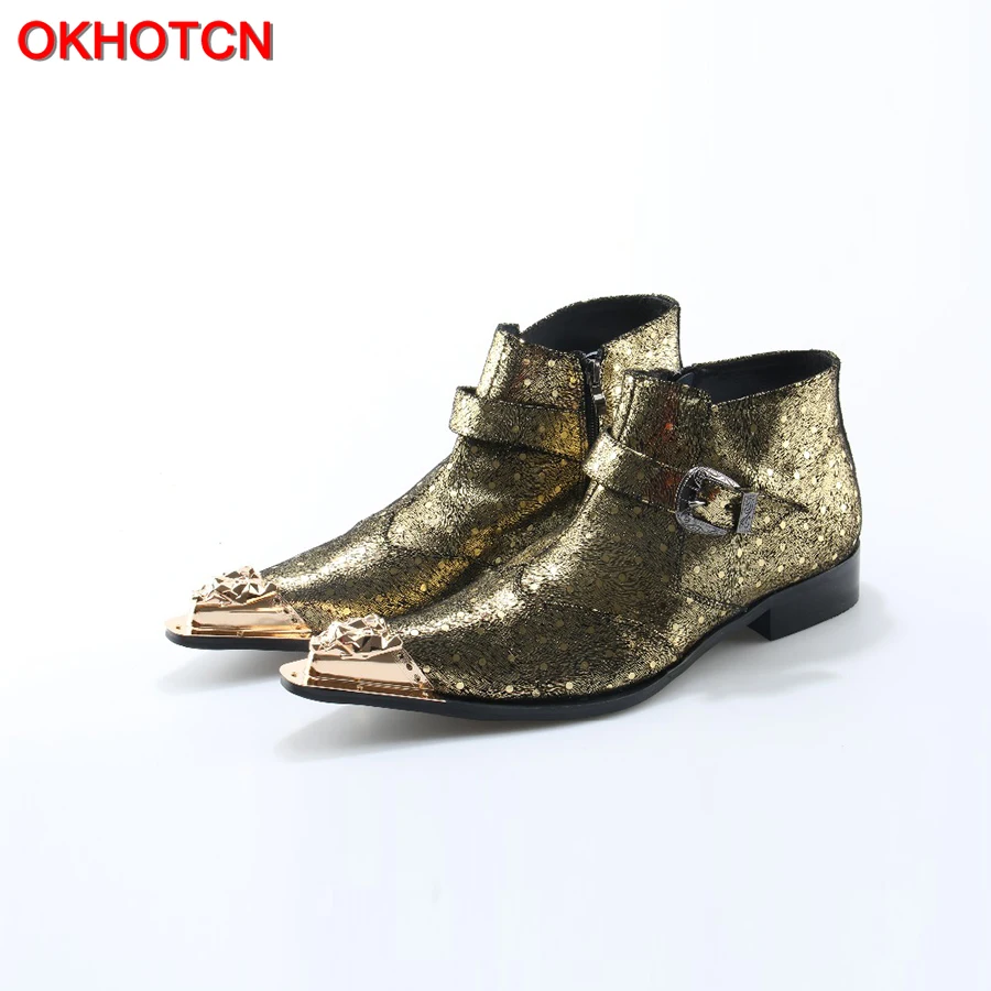 

Fashion Metal Iron Pointed Toe Men Ankle Boots Spring Autumn Silk Botas Hombre Cowboy Buckle Zip Military Boots Prom Dress Shoes