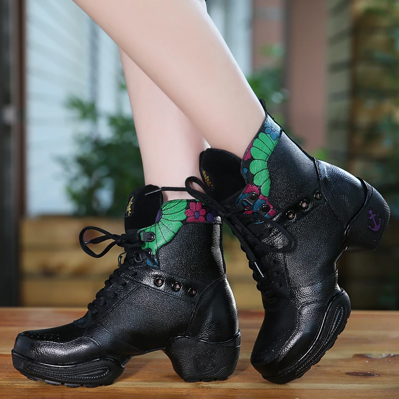 Dancing Shoes Woman Square Sports Boots Women Dance Shoes Leather Lace Cloth Shoes Breathable Modern Dance Shoes Net Boot