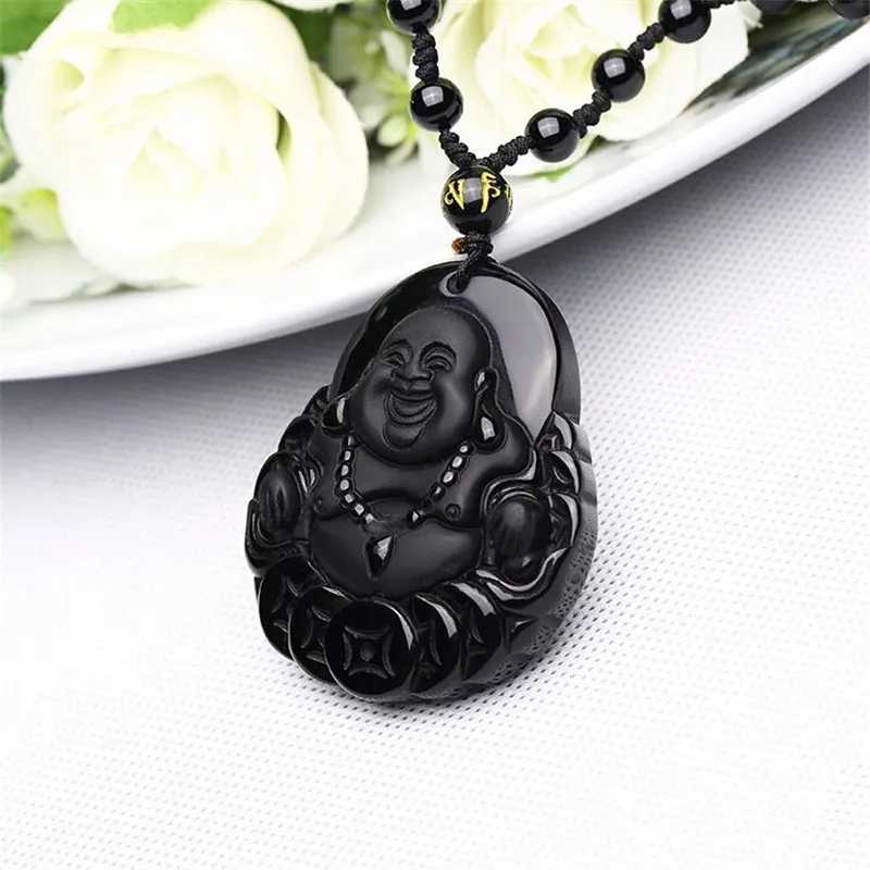 Drop Shipping Natural Black Obsidian Carved Buddha Lucky Amulet Pendant Necklace For Women Men Pendant Fine Jewelry Healing Gift