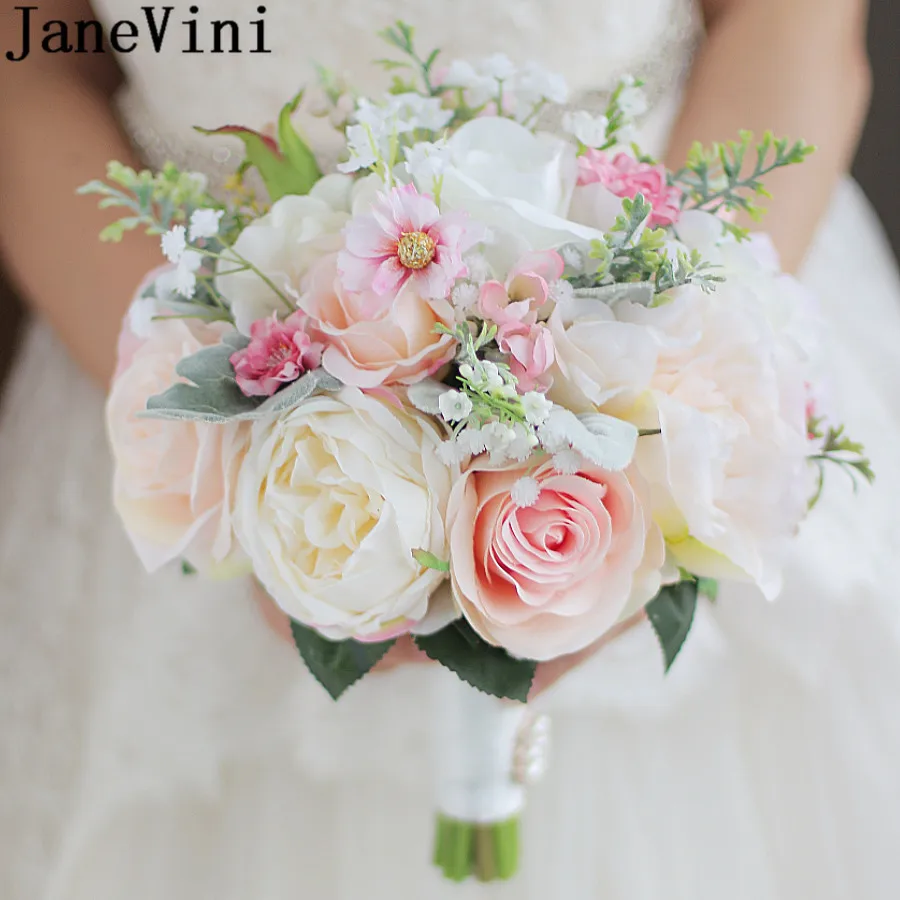 JaneVini High-end Silk Flower Wedding Bouquets Bridal Bouquet For Brides Artificial Rose Brooch Groom Wedding Hand Bouquet Pink