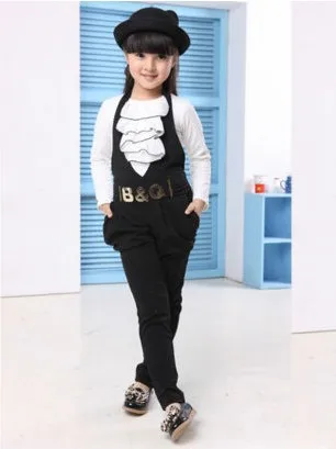 Retail Girls Clothing Set 2 pcs Cotton Suspenders & Long Sleeve White Ruffles T-Shirt for Children Spring Fall Black Brown