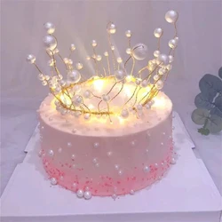 Metal Pearl Princess Crown Cake Topper Shiny Artificial Pearls Headdress Wedding&Engagement Cake Decora Birthday Topper Handmade