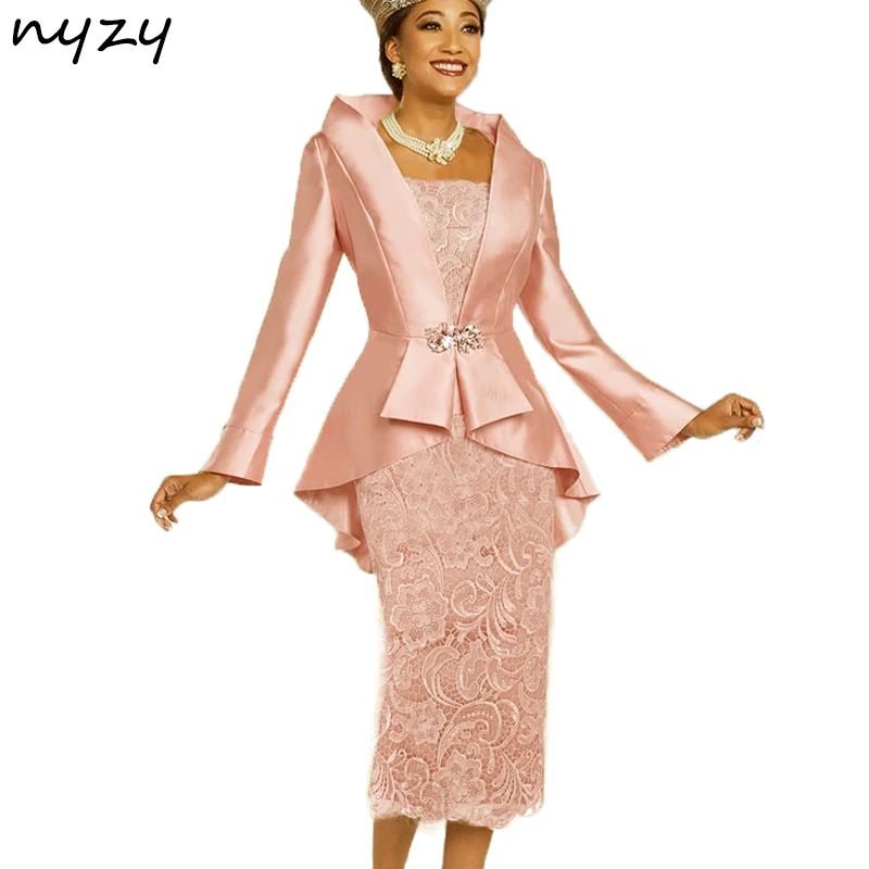 NYZY M23 Customized Elegant Tea Length 2 Piece Mother of the Bride Dresses with Jacket Wedding Party Groom Mother Lace Gown